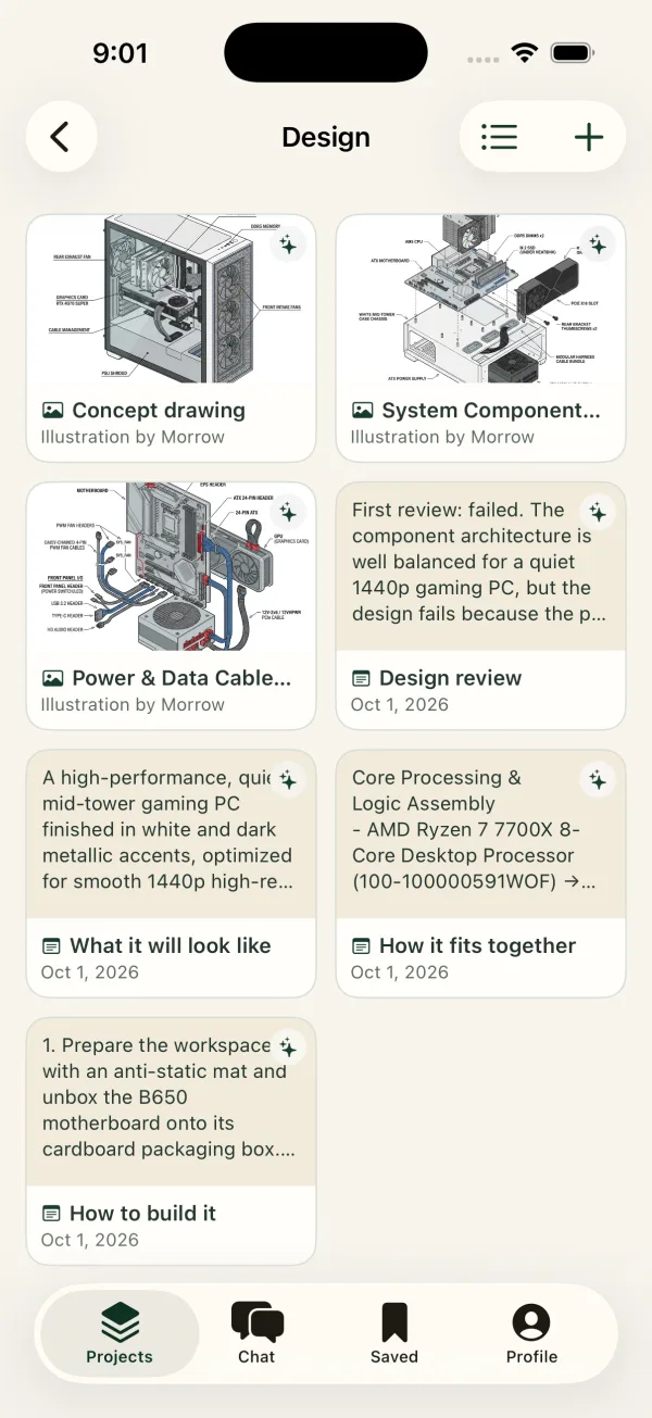 Morrow's design for a gaming PC: concept drawing, exploded view, cabling and the engineering review.