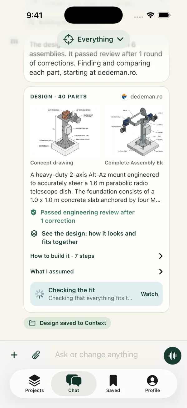 Morrow's design passed engineering review after one correction and is checking the fit.