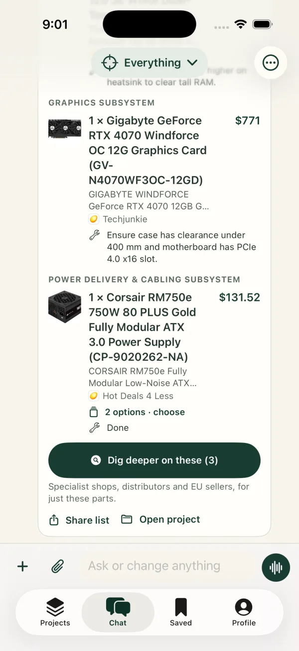 Parts with photos and prices from US shops: an RTX 4070 graphics card and a 750 W power supply.