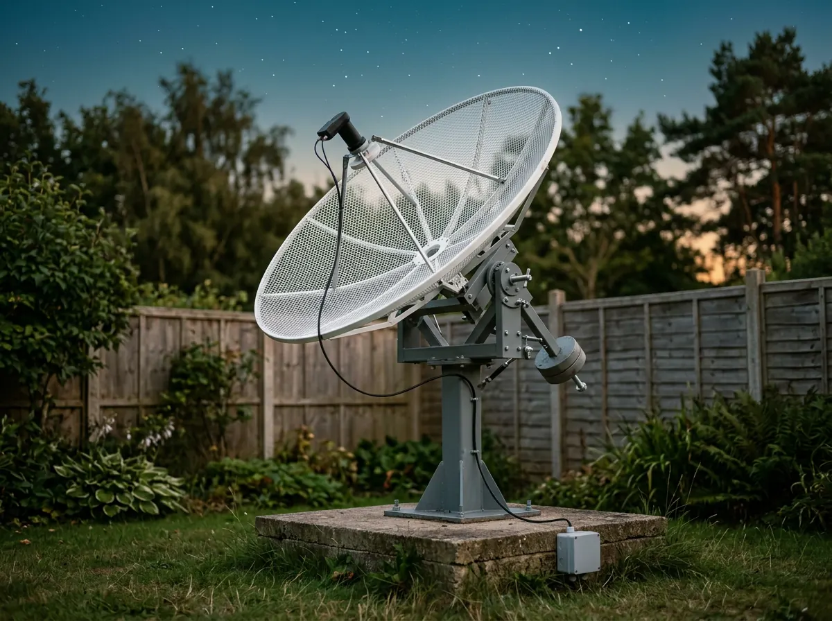 A home-built radio telescope dish in a garden at dusk.