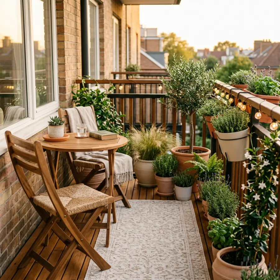 A small balcony with a wooden deck, bistro set, herbs and string lights.