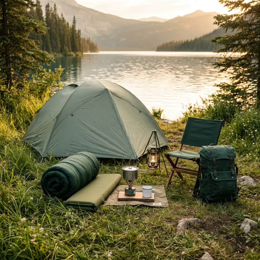 A tent, sleeping bag, stove and lantern by a lake.