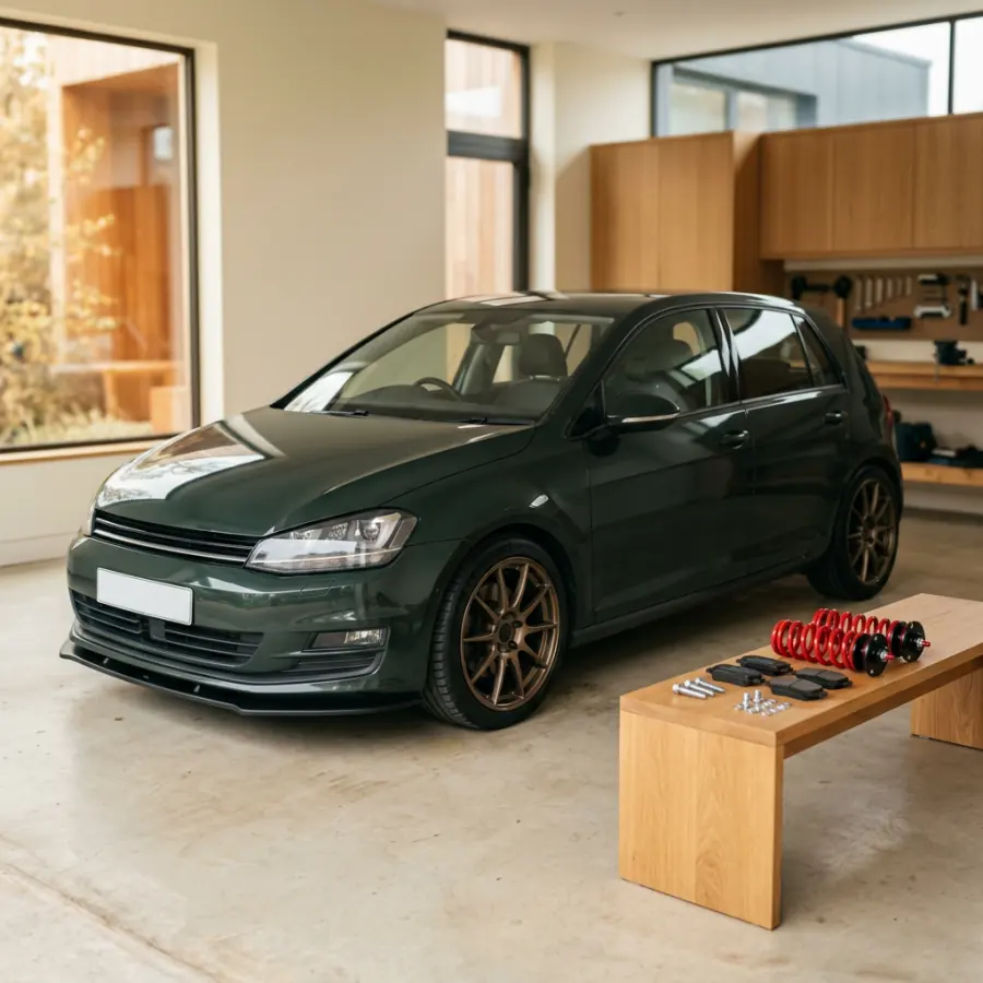 A dark green hatchback with bronze wheels in a bright garage, coilover springs on a bench.
