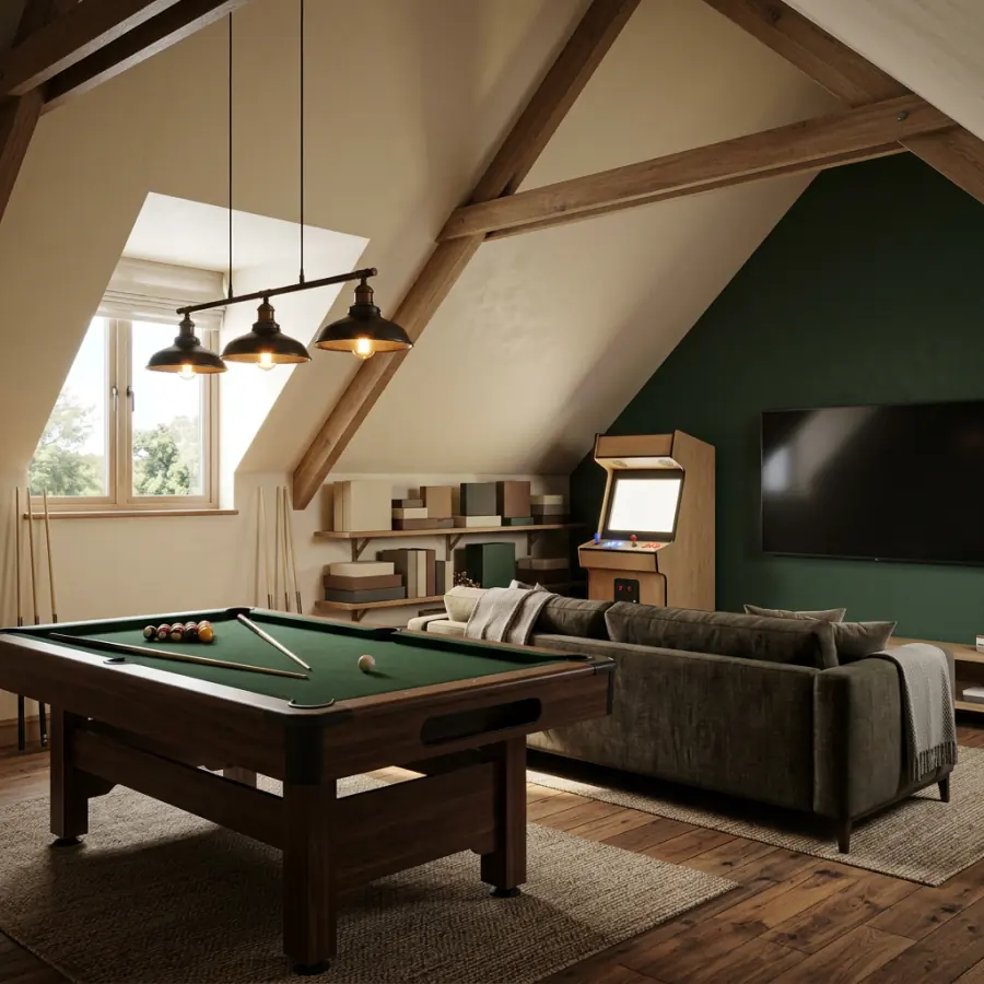 An attic game room with a green pool table, pendant lights and an arcade cabinet.