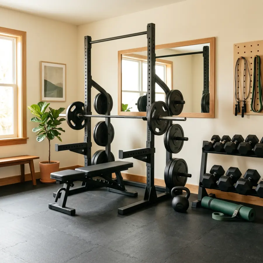A compact home gym with a squat rack, bench and dumbbells.