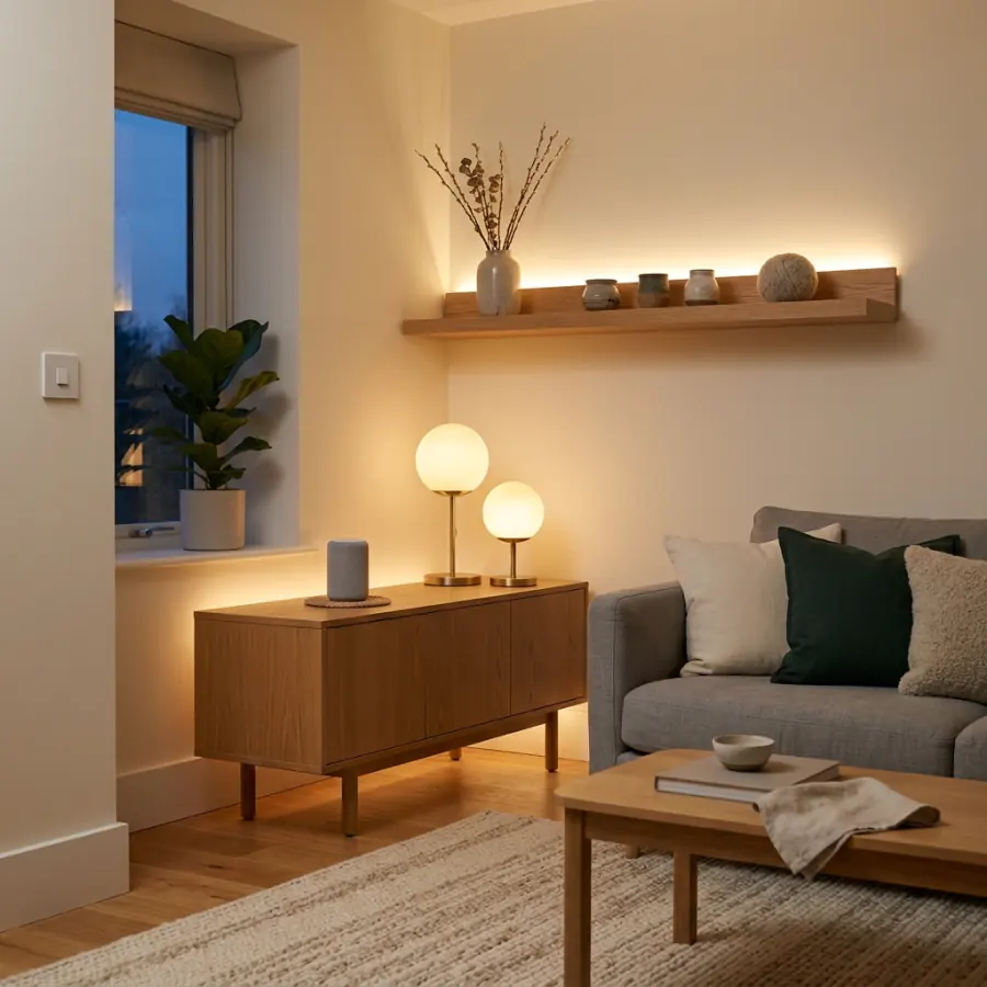 A living room at dusk lit by LED strips and globe lamps.