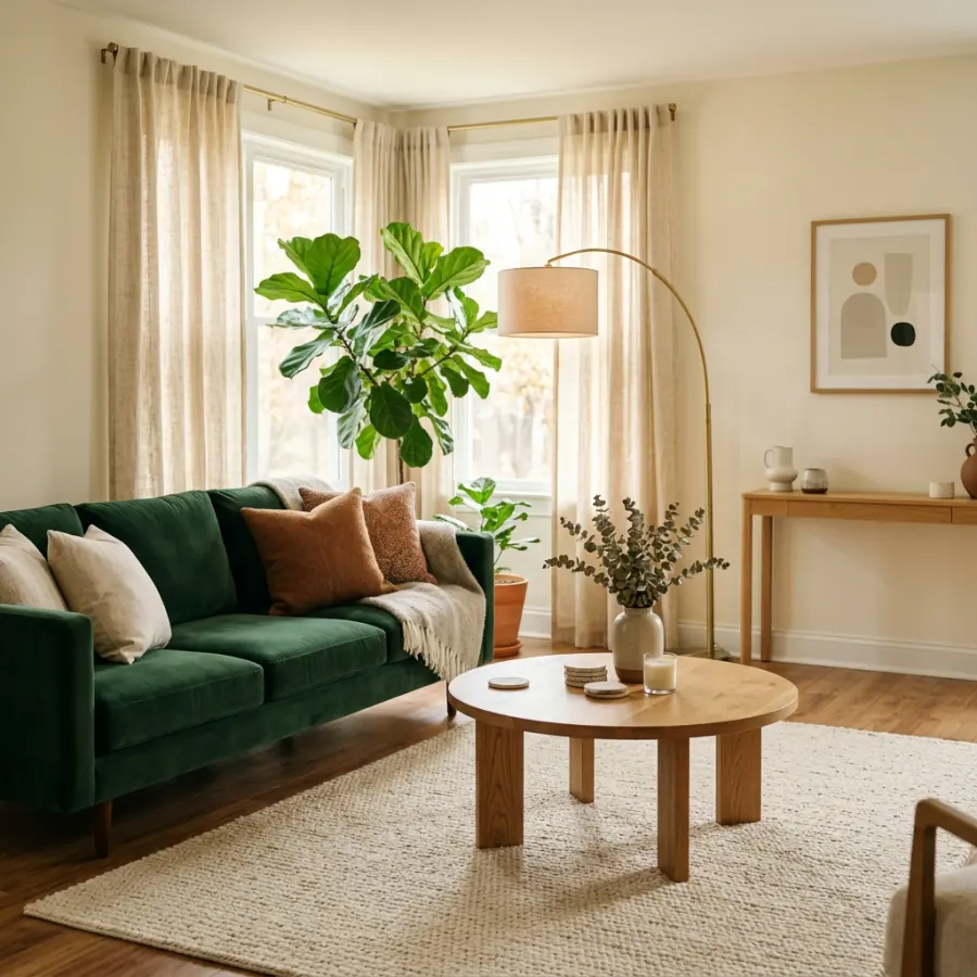 A living room with a green velvet sofa, round oak table and cream rug.