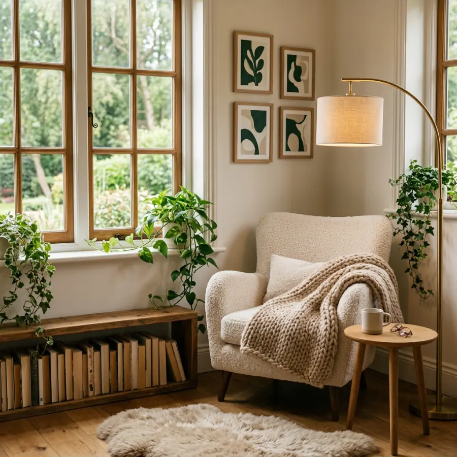 A reading nook with a boucle armchair, arc lamp and plants.