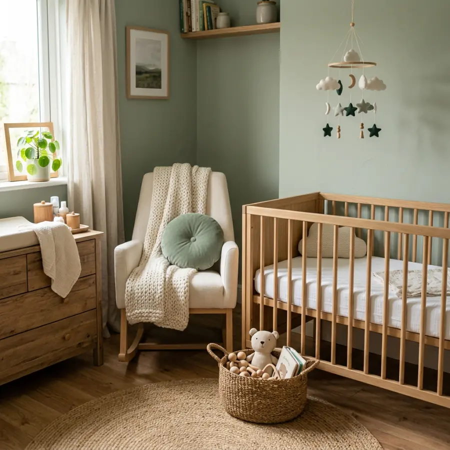 A calm nursery with a wooden cot and a cream rocking chair.
