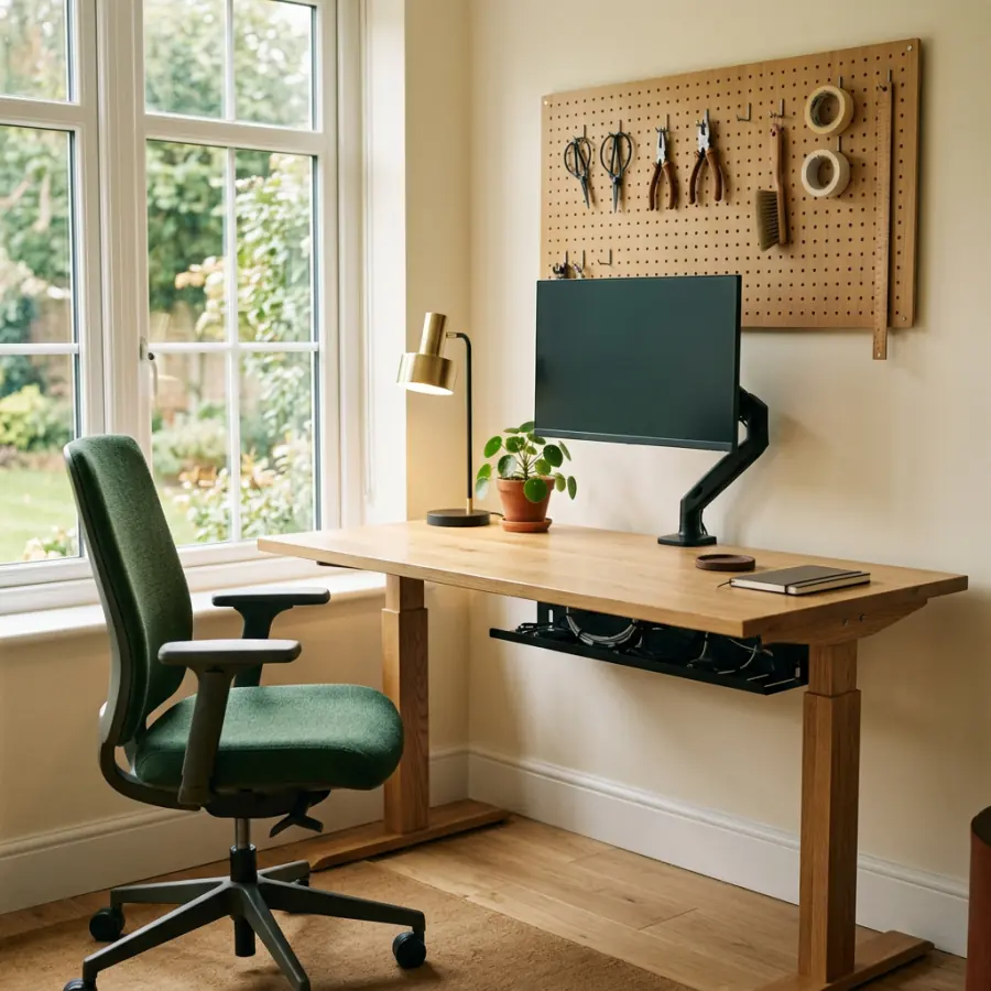 A home office with an oak standing desk and a green chair.
