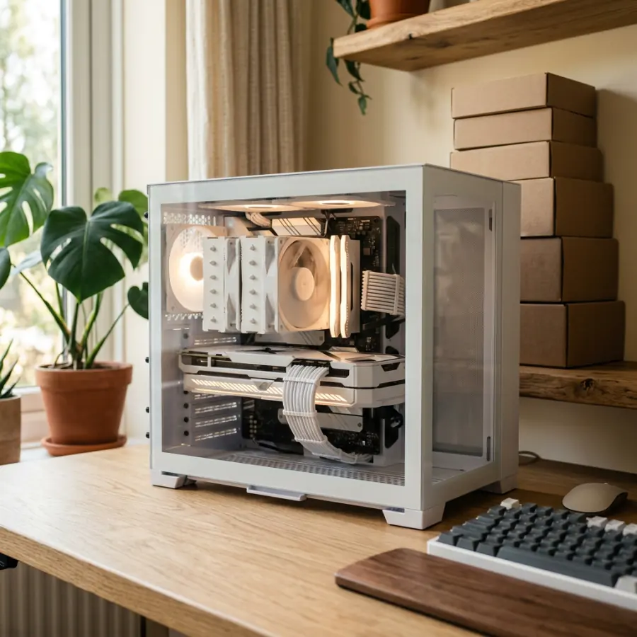 A freshly built white gaming PC on an oak desk.